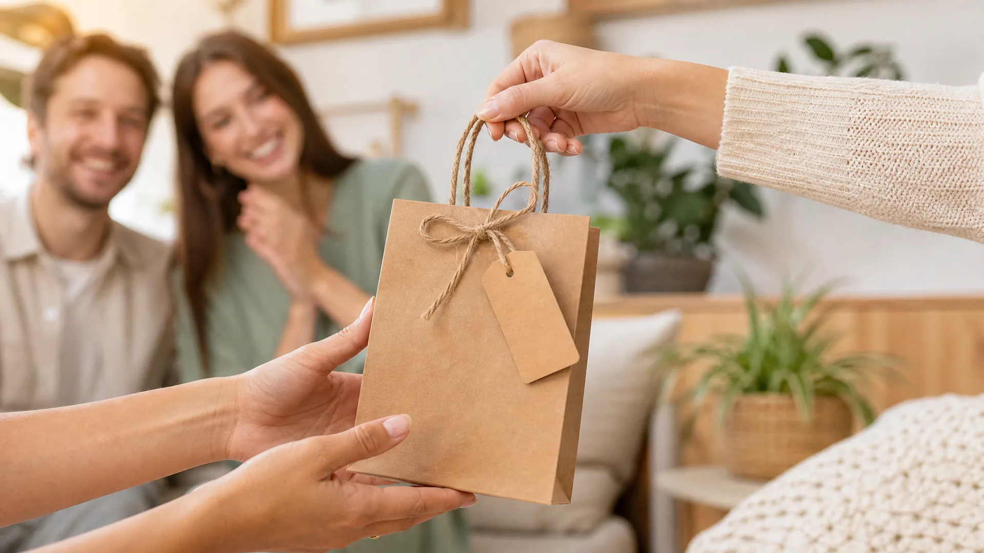 Geschenktüte mit Anhänger wird übergeben, dahinter ein lachendes Paar