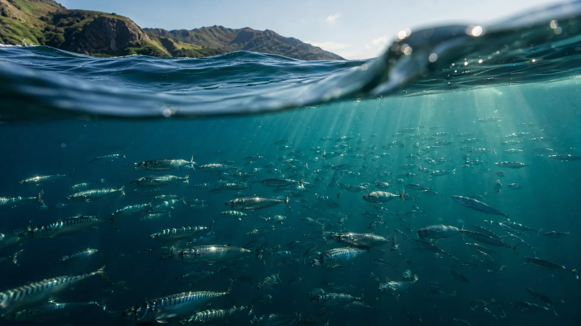 Fischöl-Kapseln vor blauem Ozean