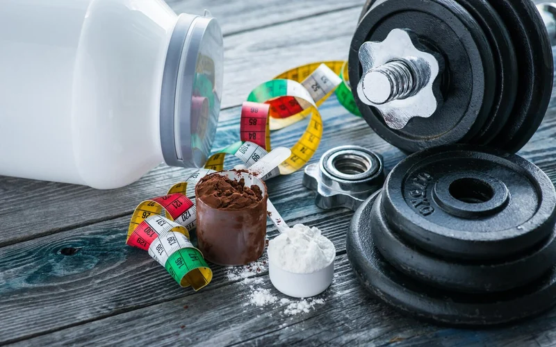 Sport-Supplemente mit Hantel und Proteinshaker