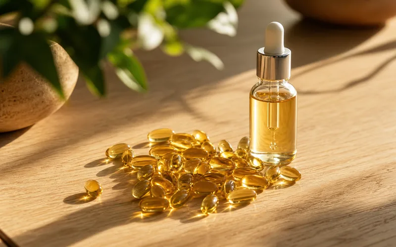 Vitamin-D-Kapseln und Pipettenflasche im Tageslicht