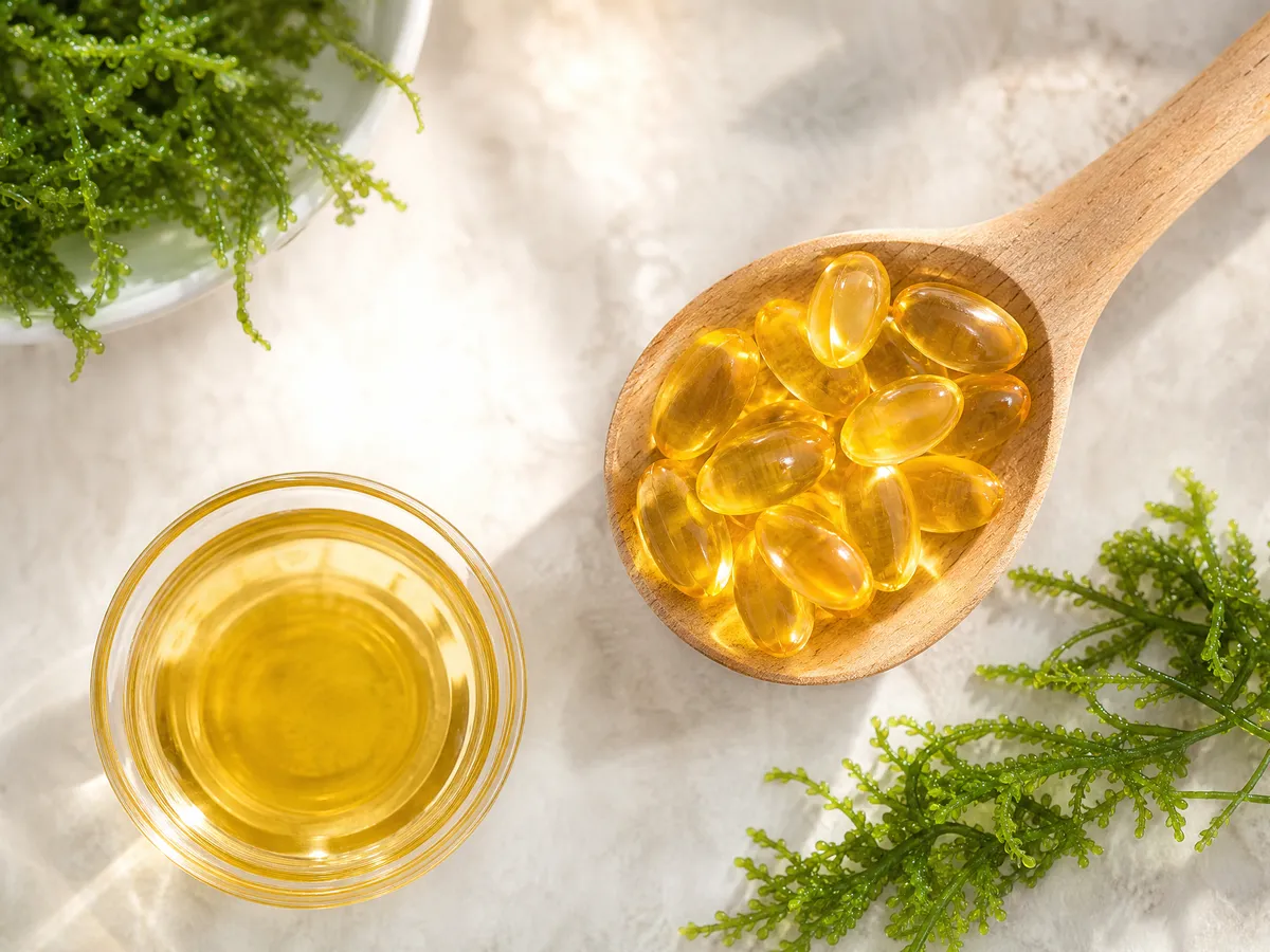 Goldene Softgel-Kapseln neben einem L&ouml;ffel