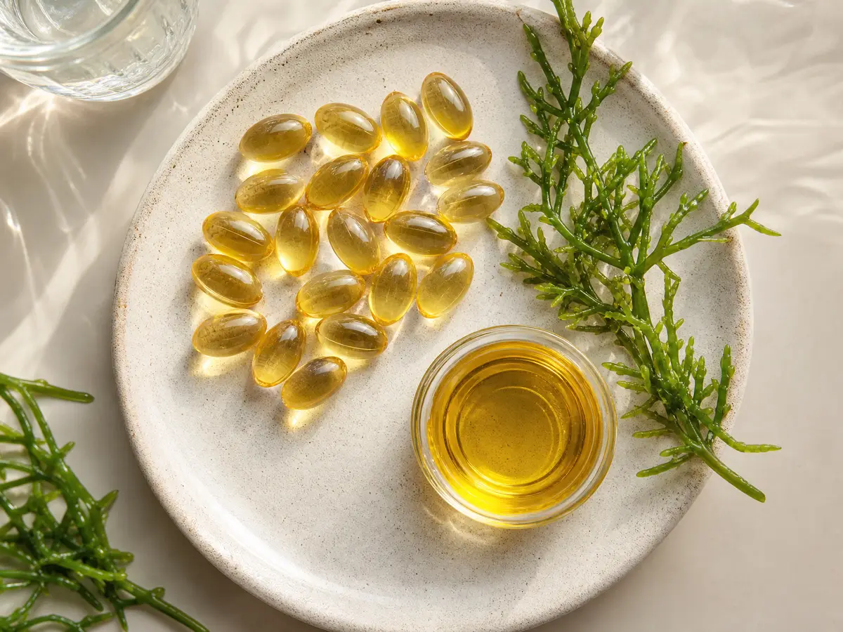 Goldgelbe Omega-3-Kapseln aus Mikroalgen&ouml;l