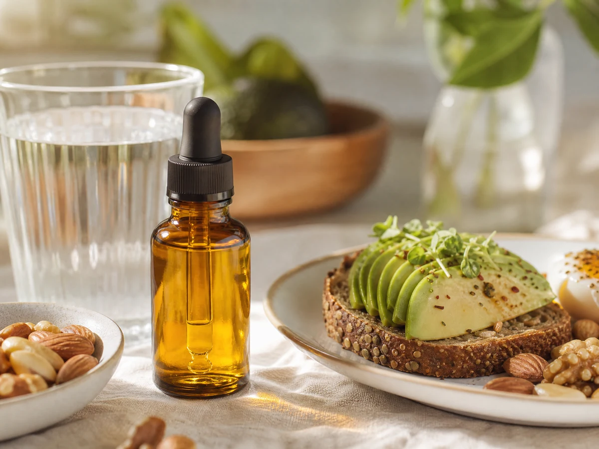 Vitamin-D-&Ouml;l neben einem Fr&uuml;hst&uuml;ck mit gesunden Fetten