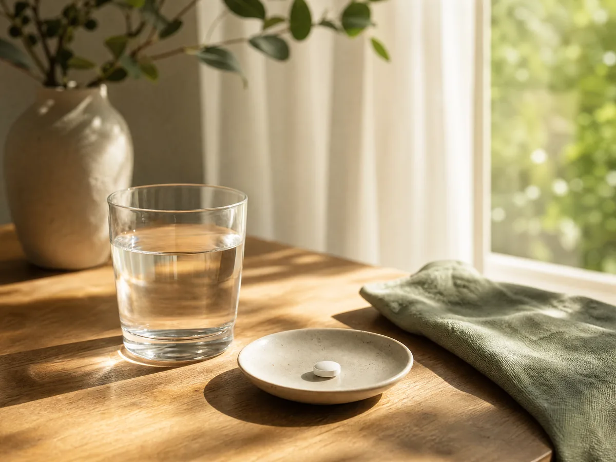 Eine Vitamin-D-Tablette mit einem Glas Wasser im Sonnenlicht