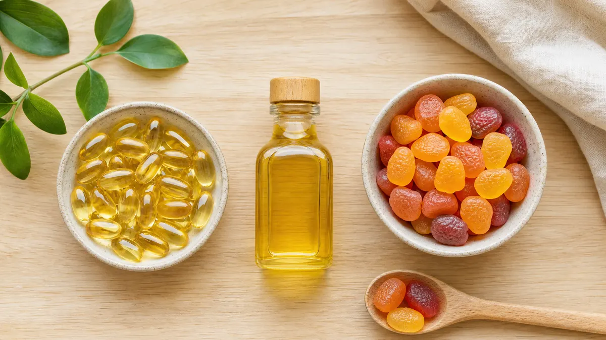 Verschiedene Omega-3 Darreichungsformen f&uuml;r Kinder: &Ouml;l, Gummib&auml;rchen und Kapseln