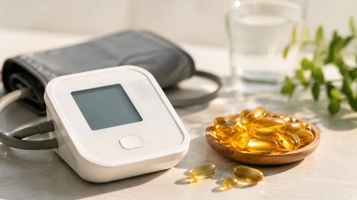 Blutdruckmessger&auml;t neben Omega-3-Kapseln auf einem Tisch