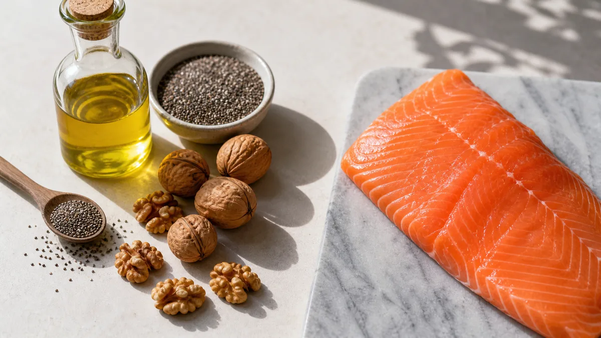 Lein&ouml;l, Waln&uuml;sse und Chia auf der einen, Lachs auf der anderen Seite