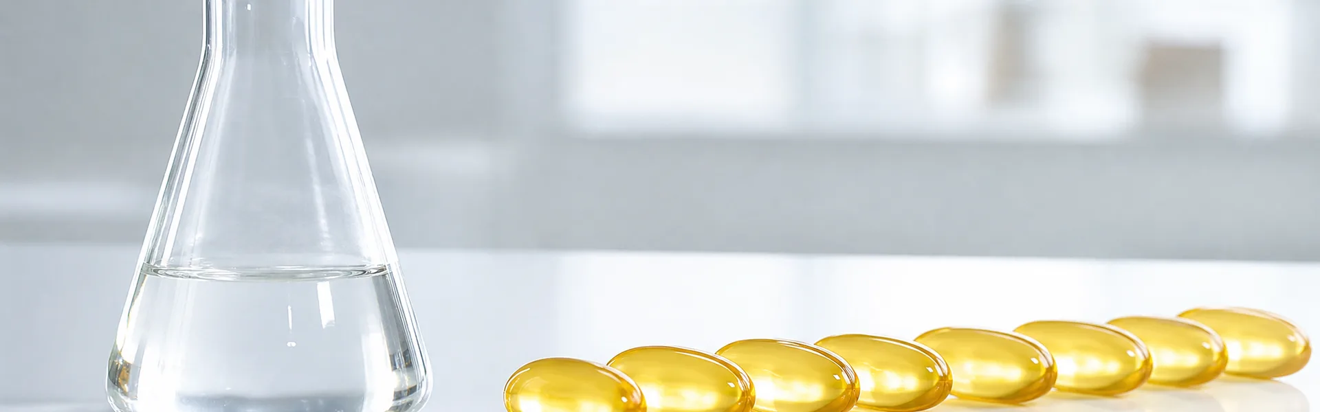 Goldene Fisch&ouml;l-Kapseln neben einem Laborkolben