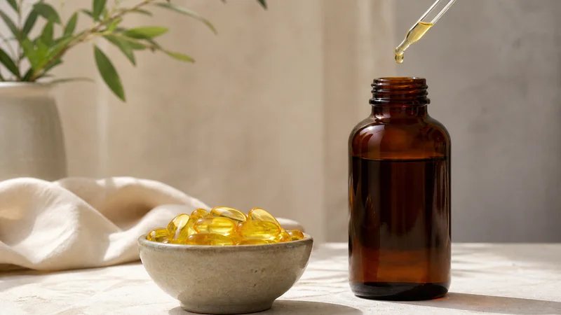 Omega-3-Kapseln und Öl auf hellem Hintergrund