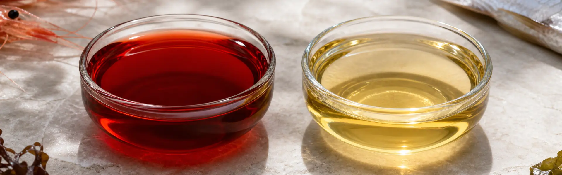 Rotes Krillöl und goldenes Fischöl in zwei Glasschalen nebeneinander