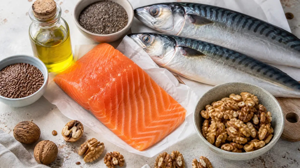 Lachs, Makrele, Waln&uuml;sse, Leinsamen und Chia auf einem Tisch