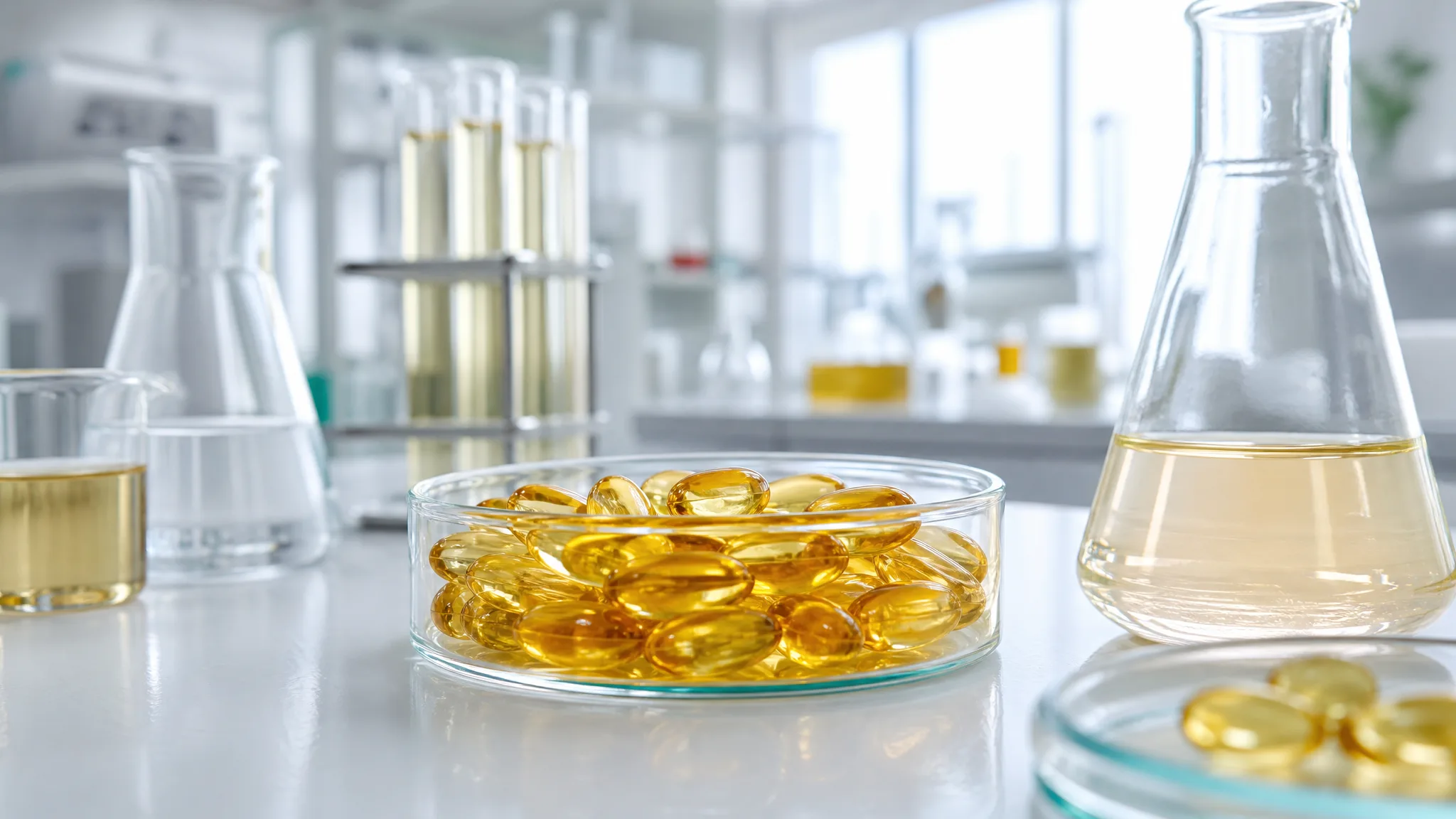Nahrungsergänzungsmittel neben wissenschaftlichen Messinstrumenten auf hellem Untergrund