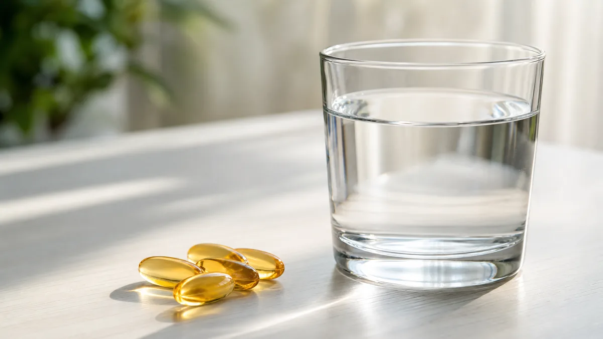 Omega-3-Kapseln neben einem Glas Wasser auf ruhigem Untergrund