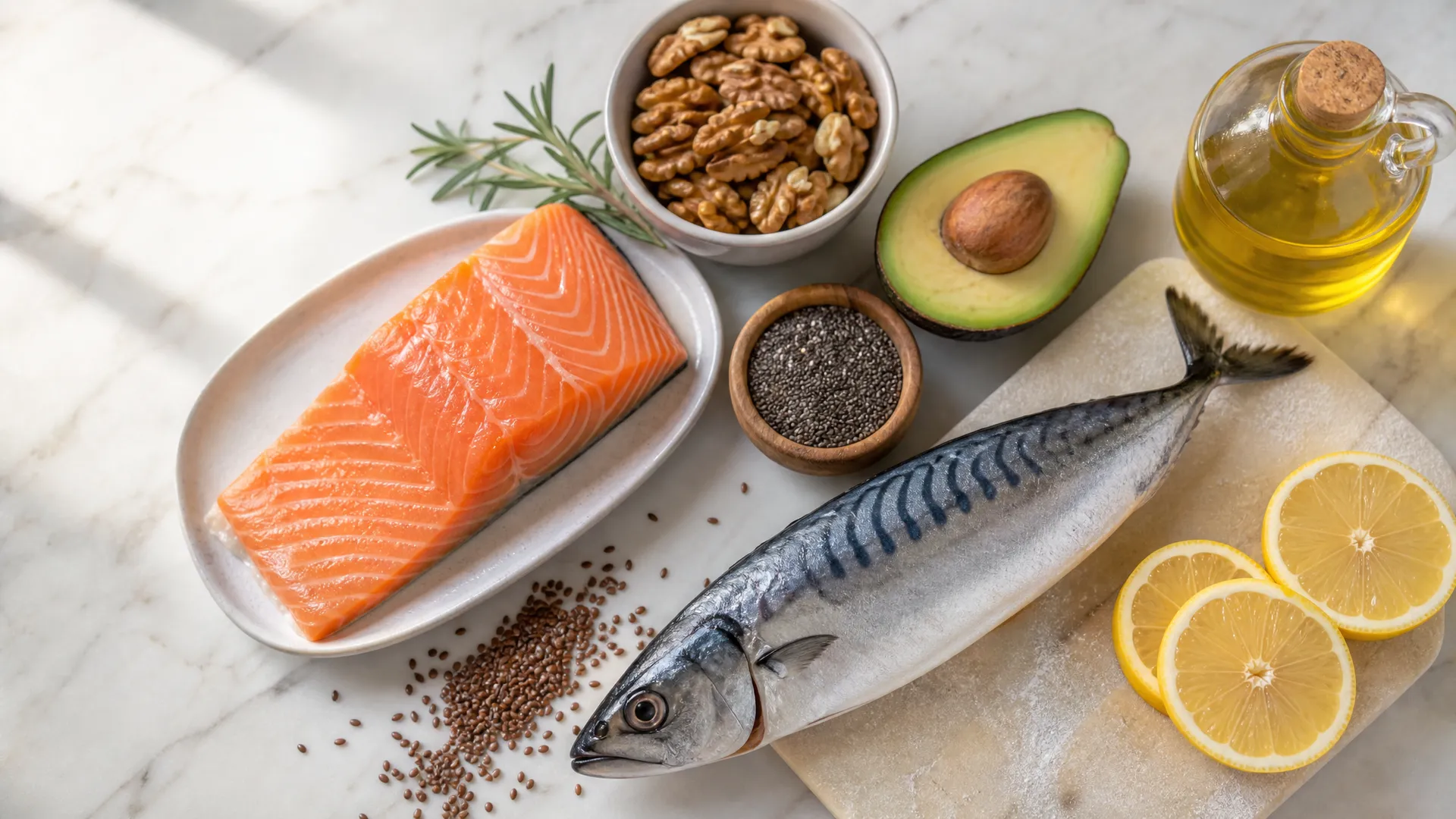 Frischer Lachs, Walnüsse und Avocado, natürliche Omega-3-Quellen