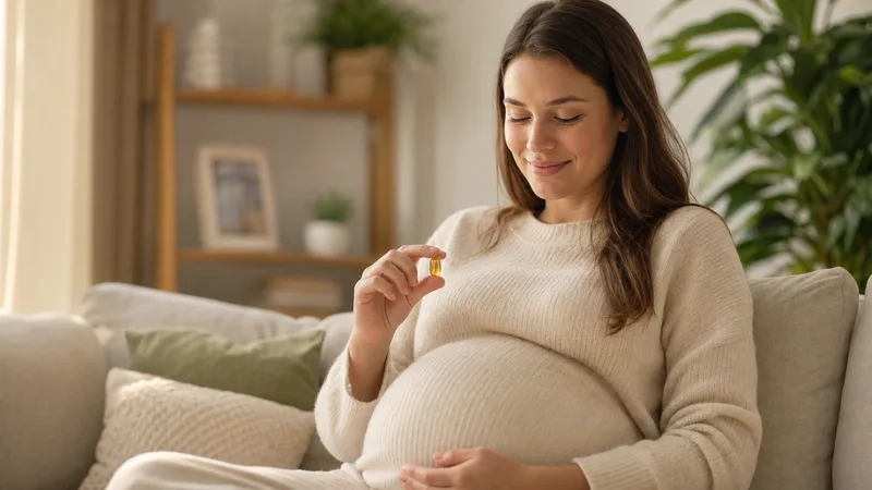 Omega-3-Kapseln und Fischöl-Flasche vor Babybauch einer schwangeren Frau