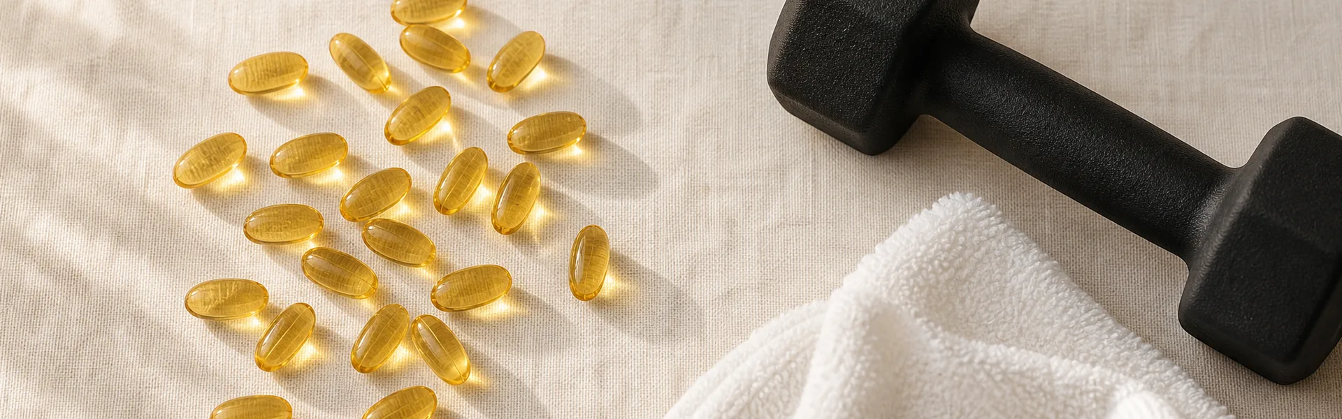 Omega-3-Kapseln neben Hanteln und Trainingshandschuhen