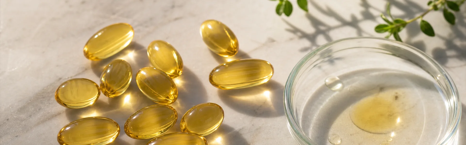 Goldene Omega-3-Kapseln neben einem Schälchen mit Fischöl