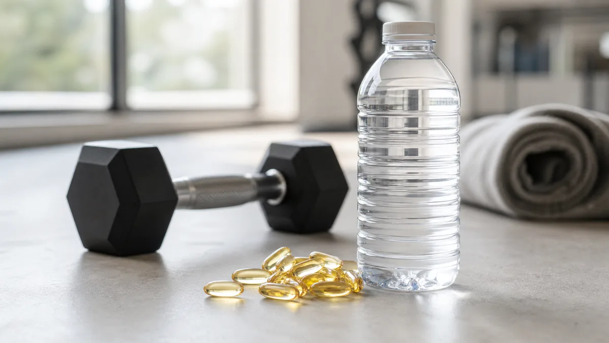 Omega-3-Kapseln neben Hantel und Trinkflasche auf dem Gym-Boden