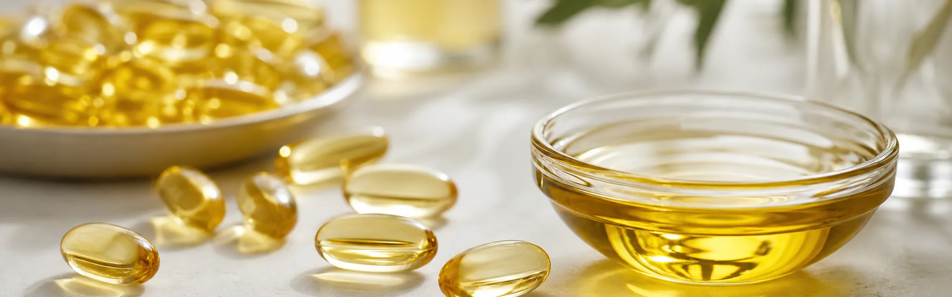 Goldene Omega-3-Kapseln und ein Schälchen Fischöl auf hellem Untergrund