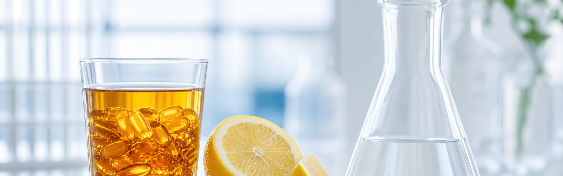Klares bernsteinfarbenes Fischöl im Glas neben Zitrone und Laborkolben