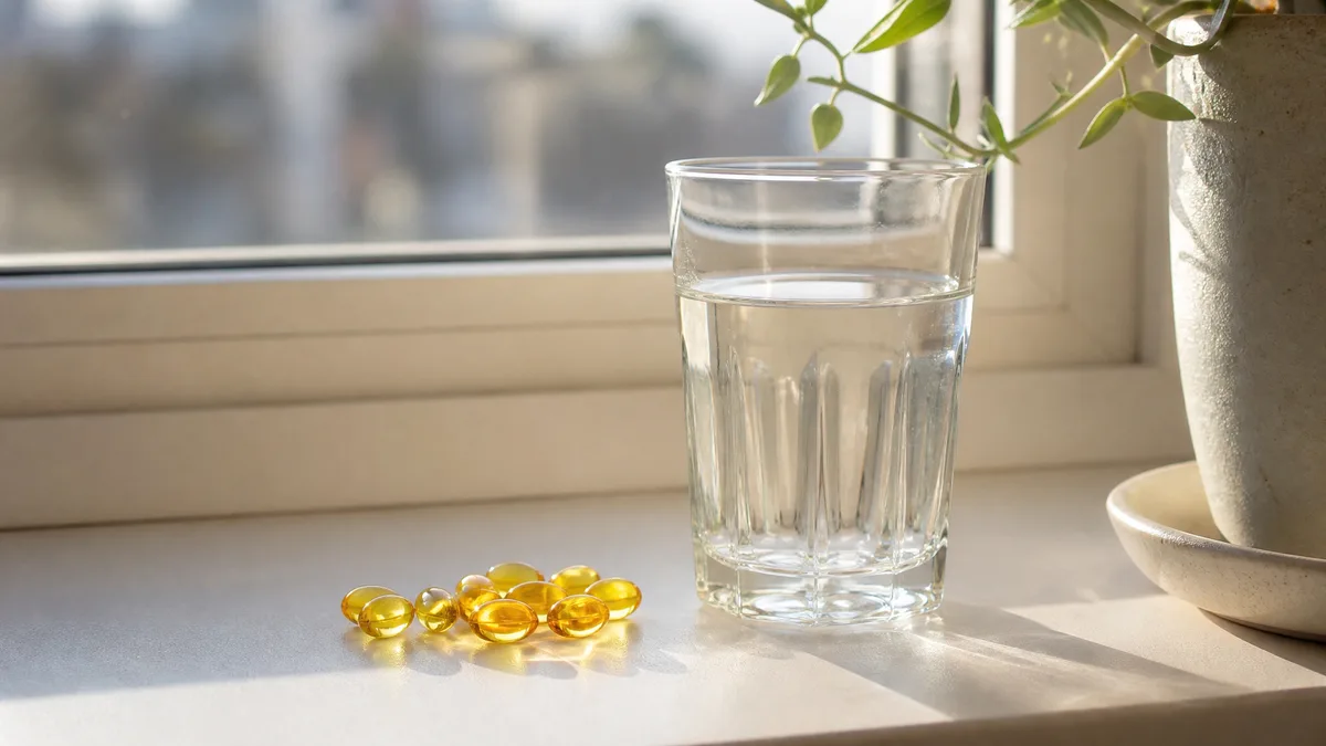 Omega-3-Kapseln neben einem Glas Wasser im Morgenlicht