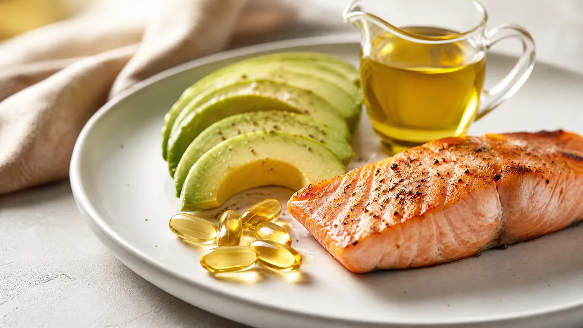 Omega-3-Kapseln neben Lachs, Avocado und Olivenöl als fetthaltige Mahlzeit
