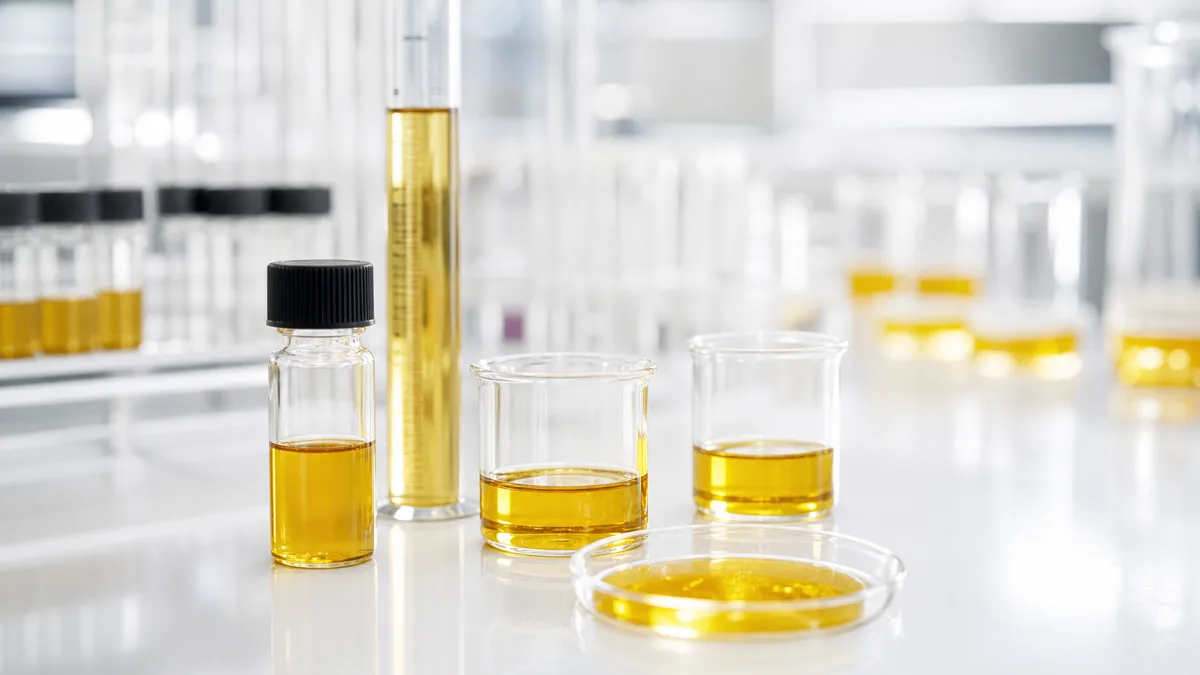 Laborglas mit goldenen Ölproben zur Qualitätsprüfung